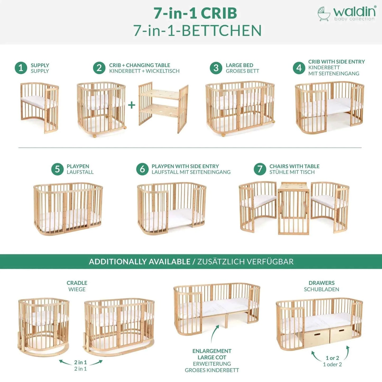 Babybett 7-in-1 – Ein Bett für viele Jahre - mitwachsend | Quadratische Form