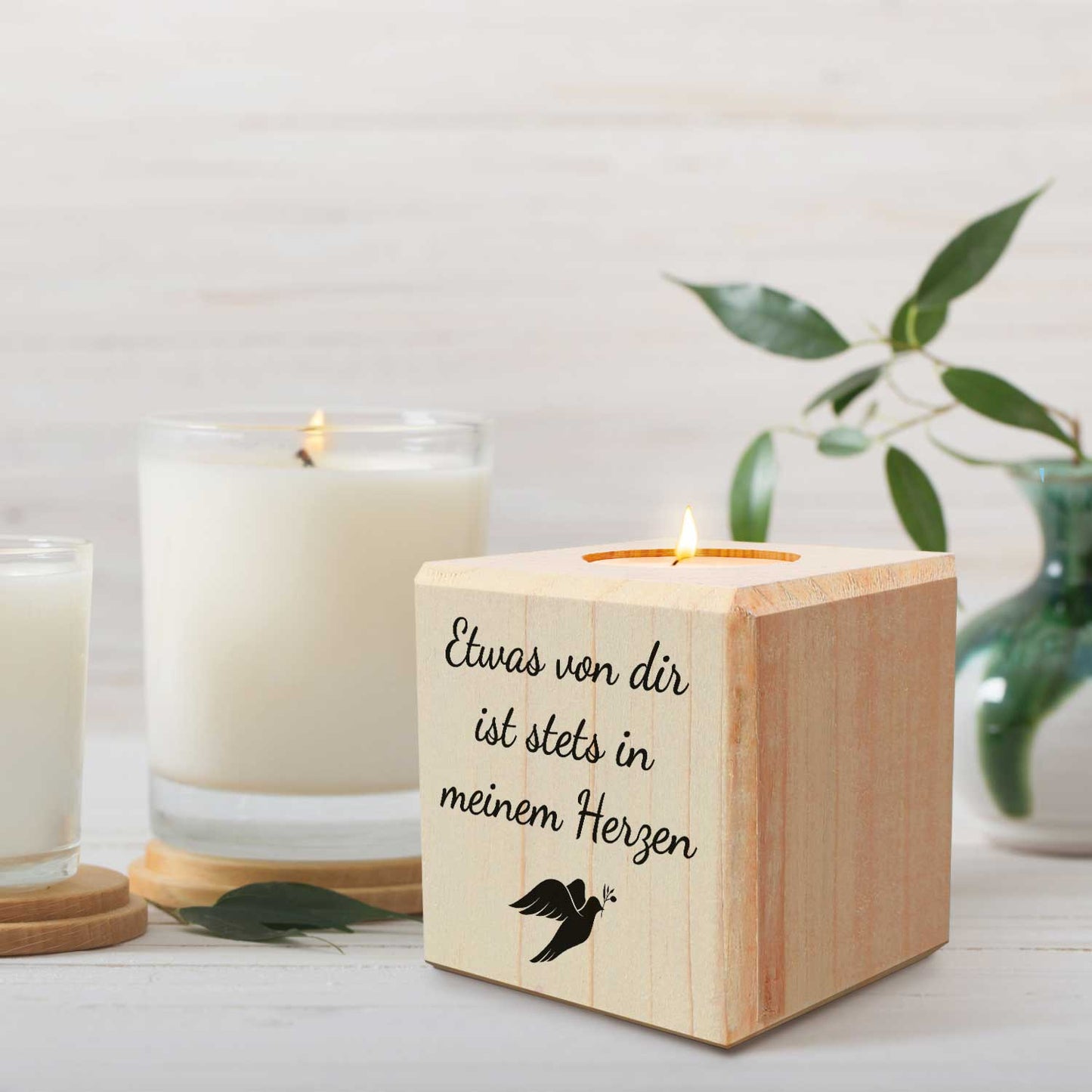 Trauerlicht - Teelichthalter mit Gravur aus Holz - Grabschmuck