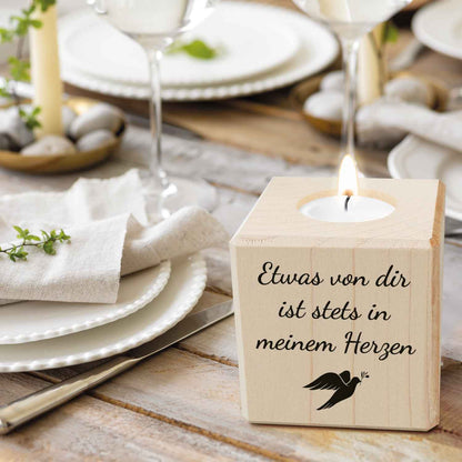 Trauerlicht - Teelichthalter mit Gravur aus Holz - Grabschmuck