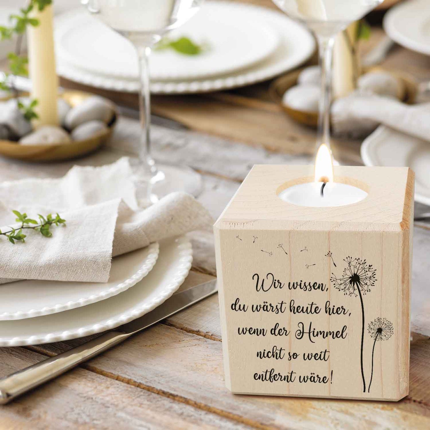 Trauerlicht - Teelichthalter mit Gravur aus Holz - Grabschmuck
