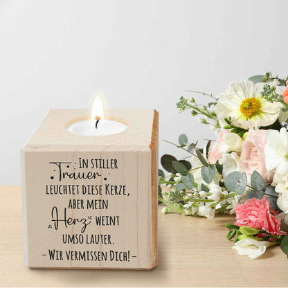 Trauerlicht - Teelichthalter mit Gravur aus Holz - Grabschmuck