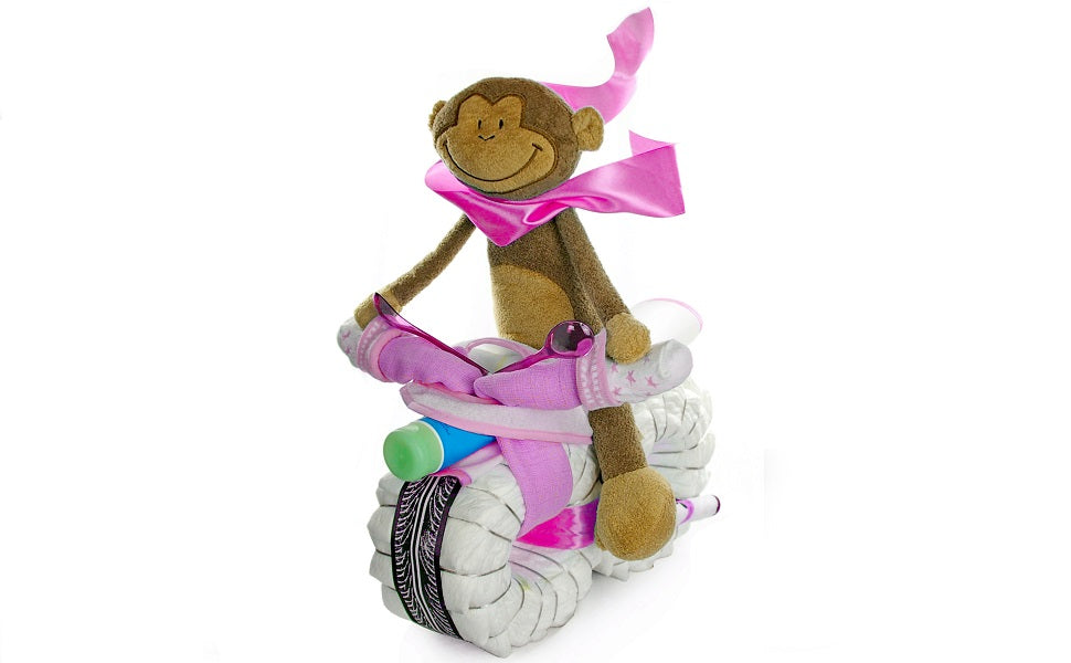 Windeltorte Motorrad ROCKSTAR + Fahrer Schlenkeraffe rosa