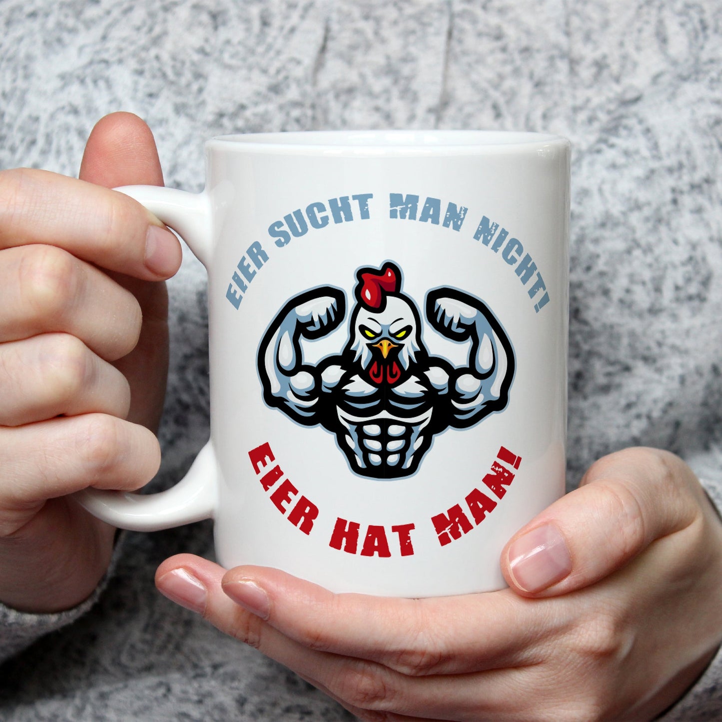 Bedruckte Tasse mit Spruch Eier hat man!