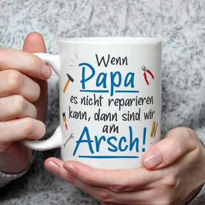 Bedruckte Tasse mit Spruch Wenn Papa es nicht reparieren kann