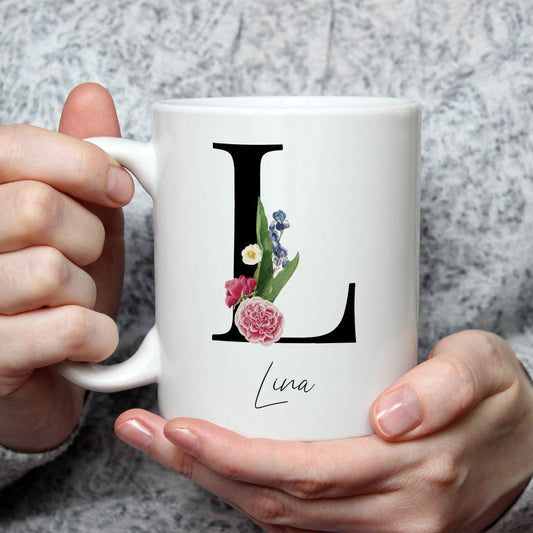 Bedruckte Tasse mit Personalisierung von Namen & Anfangsbuchstaben im Floral Design