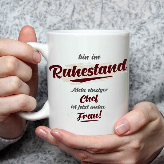Bedruckte Tasse mit Spruch Bin im Ruhestand