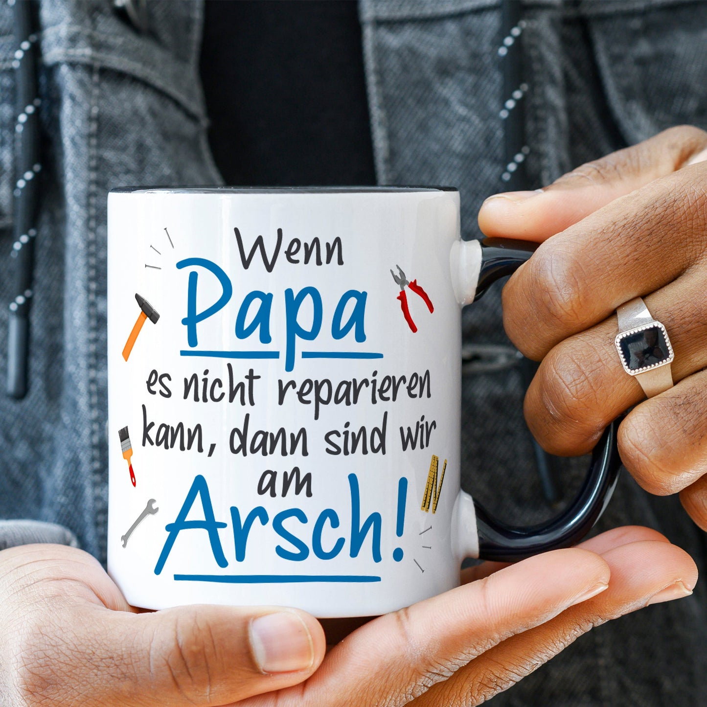 Bedruckte Tasse mit Spruch Wenn Papa es nicht reparieren kann