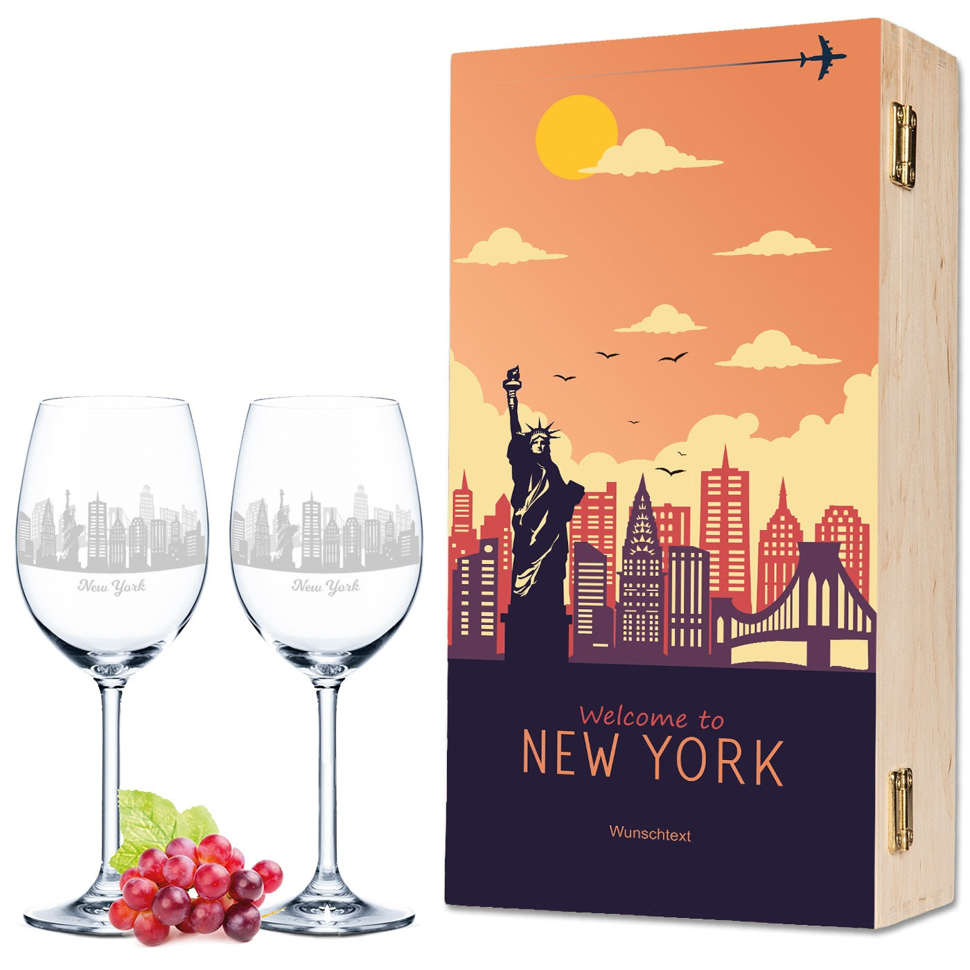 Leonardo Weingläser mit Skyline New York Gravur als Set inkl. bedruckter Holzkiste