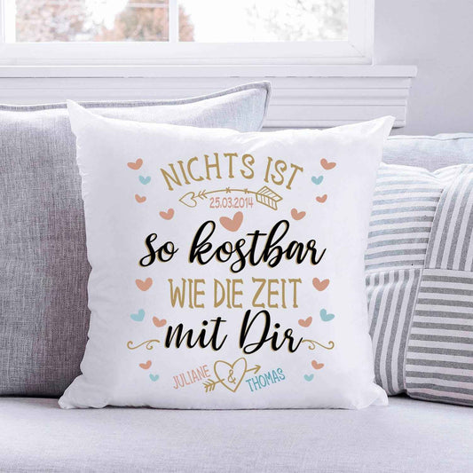 Bedrucktes Kissen mit Motiv Nichts ist so kostbar wie die Zeit mit Dir