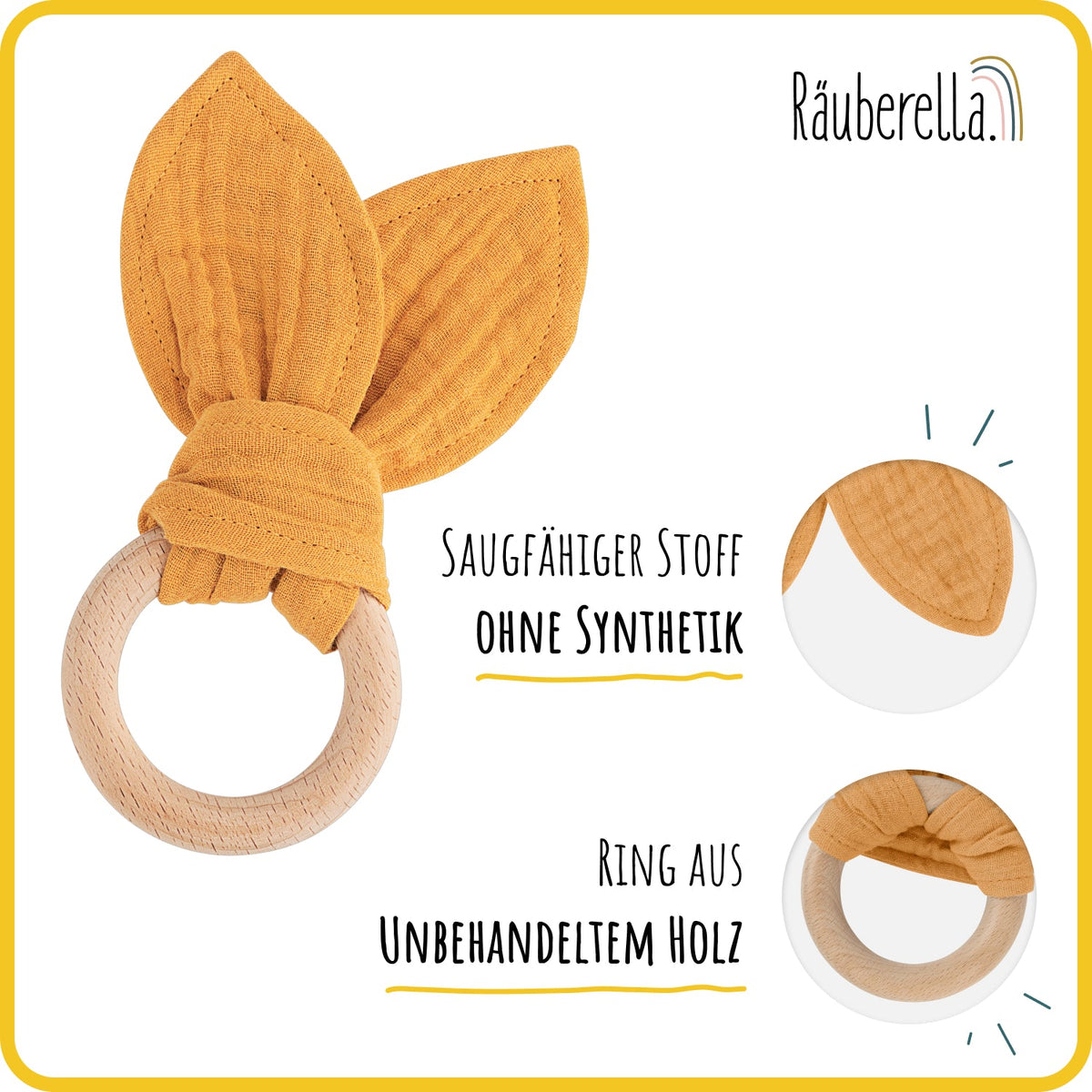Baby Geschenkset Ocker – Schmusetuch Hase, Holz-Beißring & Halstuch | Musselin