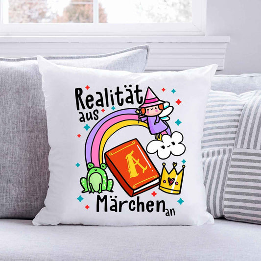 Bedrucktes Kissen mit Spruch Realität aus Märchen an