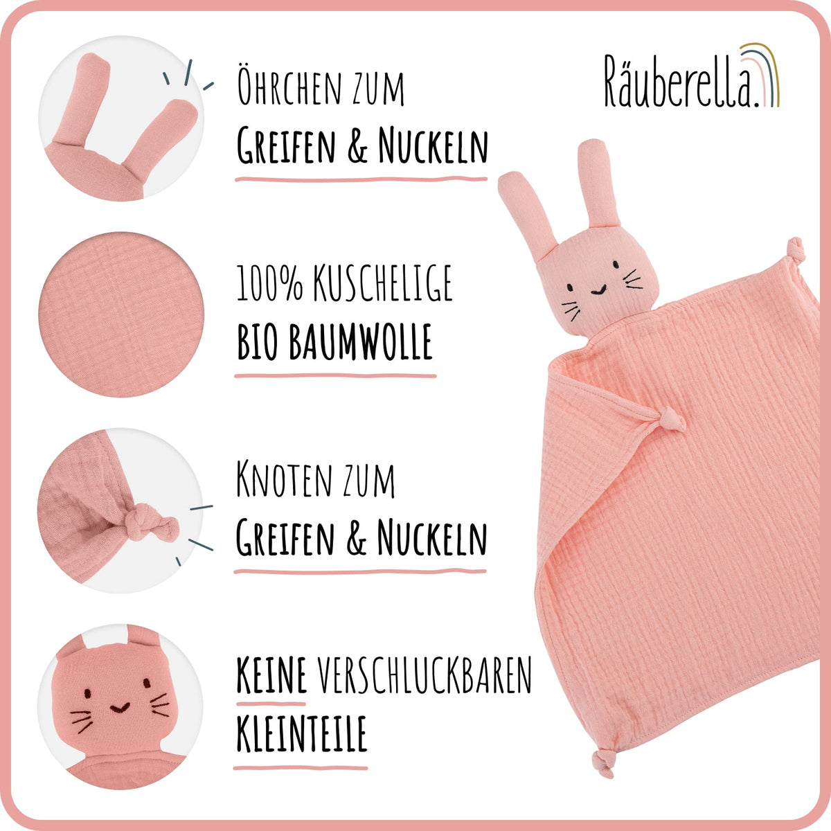 Baby Geschenkset Rosa – Schmusetuch Hase, Holz-Beißring & Halstuch | Musselin