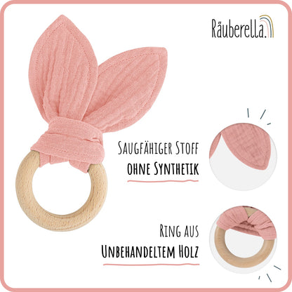 Baby Geschenkset Rosa – Schmusetuch Hase, Holz-Beißring & Halstuch | Musselin