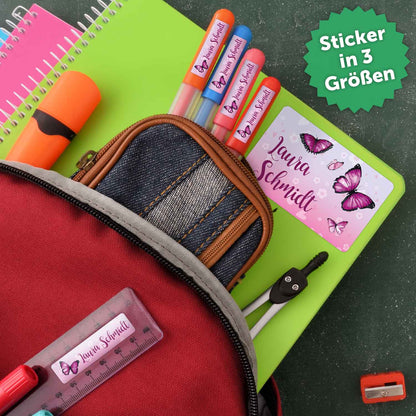 Schuletiketten mit Namen - Schmetterling Design - 100 Aufkleber in verschiedenen Größen