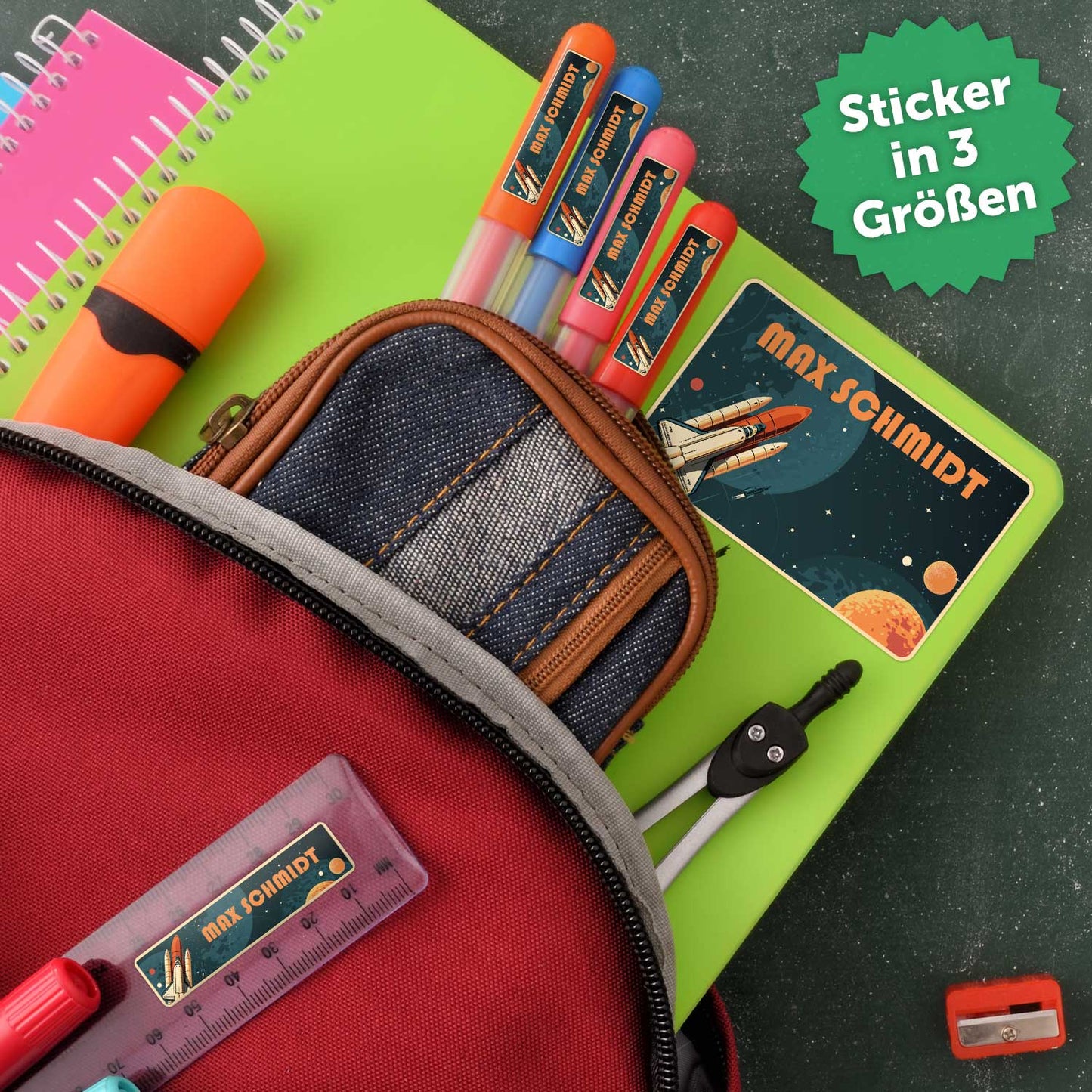 Schuletiketten mit Namen - Raumschiff Retro Design - 100 Aufkleber in verschiedenen Größen