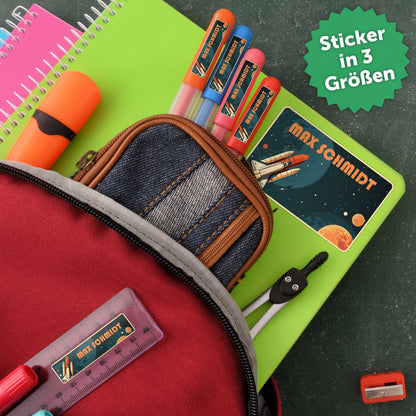 Schuletiketten mit Namen - Raumschiff Retro Design - 100 Aufkleber in verschiedenen Größen