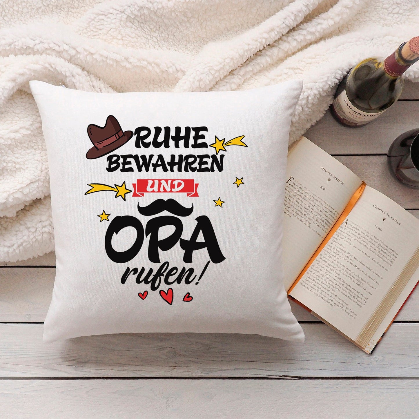 Bedrucktes Kissen mit Spruch Ruhe bewahren und Opa rufen