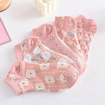 5 Pairs of Kawaii Cute Flower 3D Textured Ankle Socks - Vintage Style - Meloni2