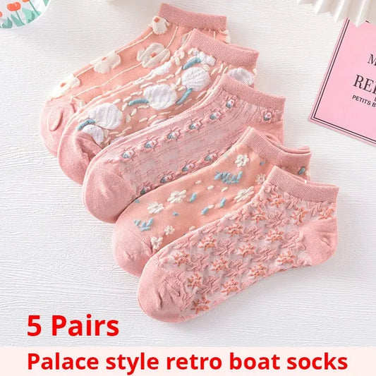 5 Pairs of Kawaii Cute Flower 3D Textured Ankle Socks - Vintage Style - Meloni2
