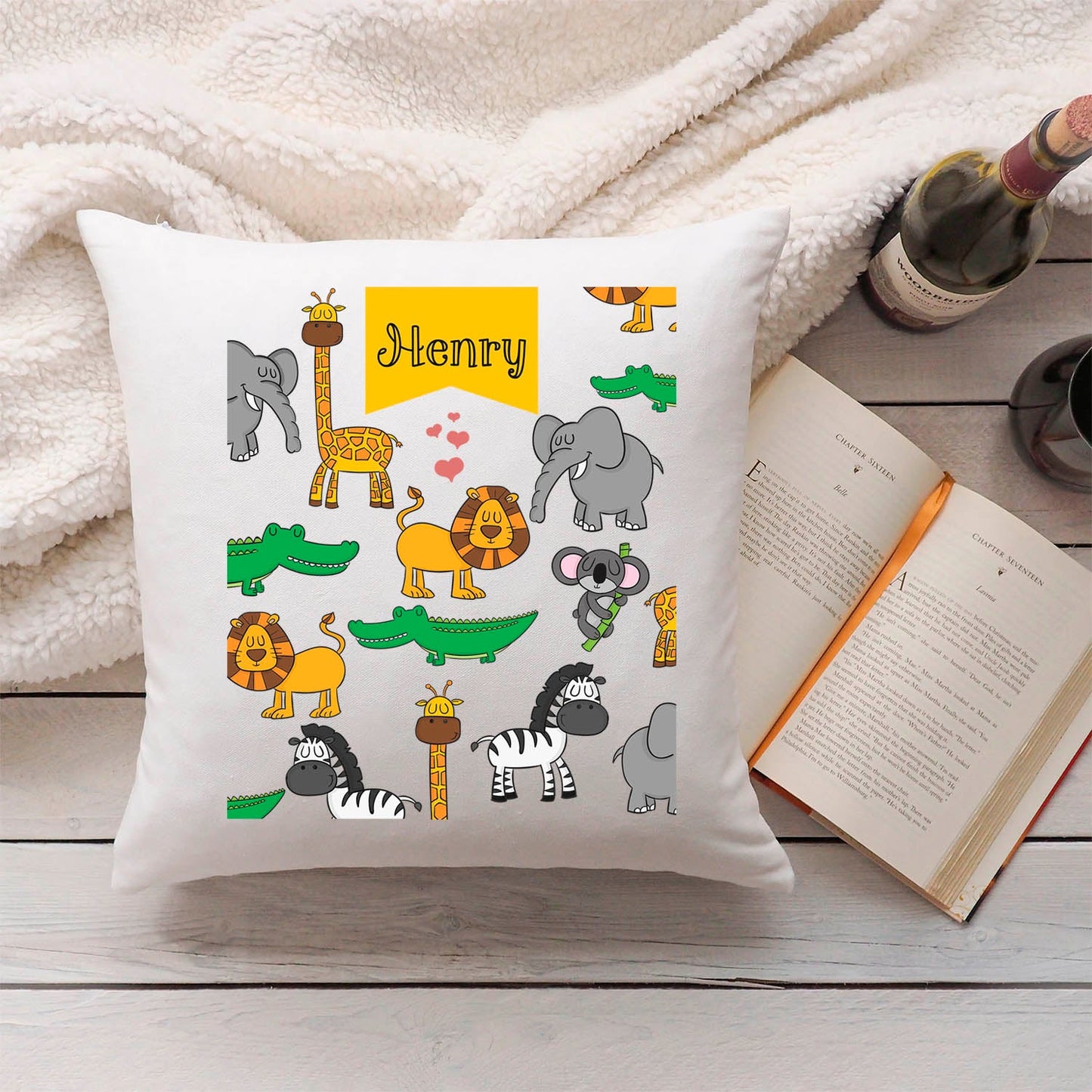 Bedrucktes Kinderkissen mit Motiv "Safari Tiere" mit Wunschnamen