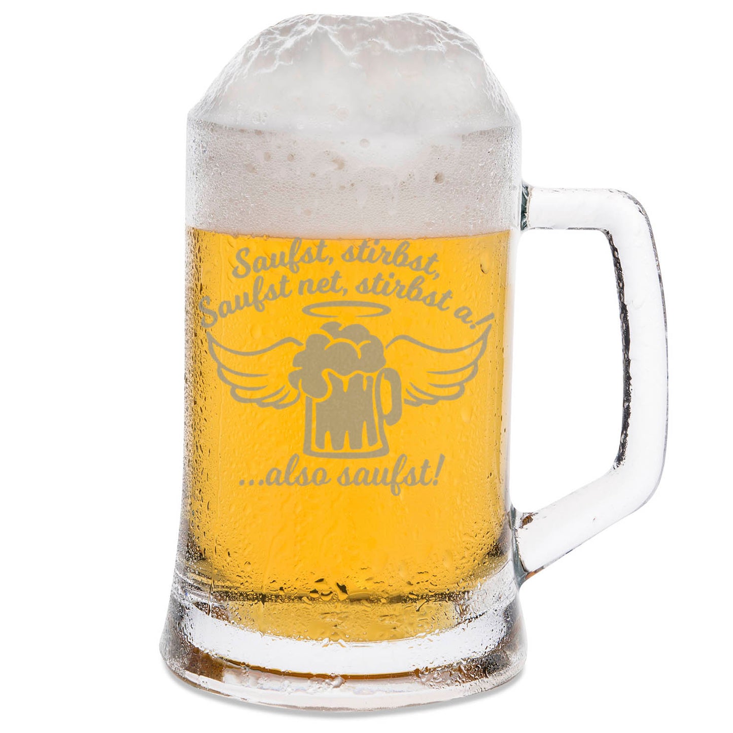 Montana Bierkrug mit Gravur "Saufst, stirbst, saufst net, stirbst a"