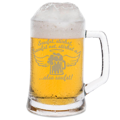 Montana Bierkrug mit Gravur "Saufst, stirbst, saufst net, stirbst a"