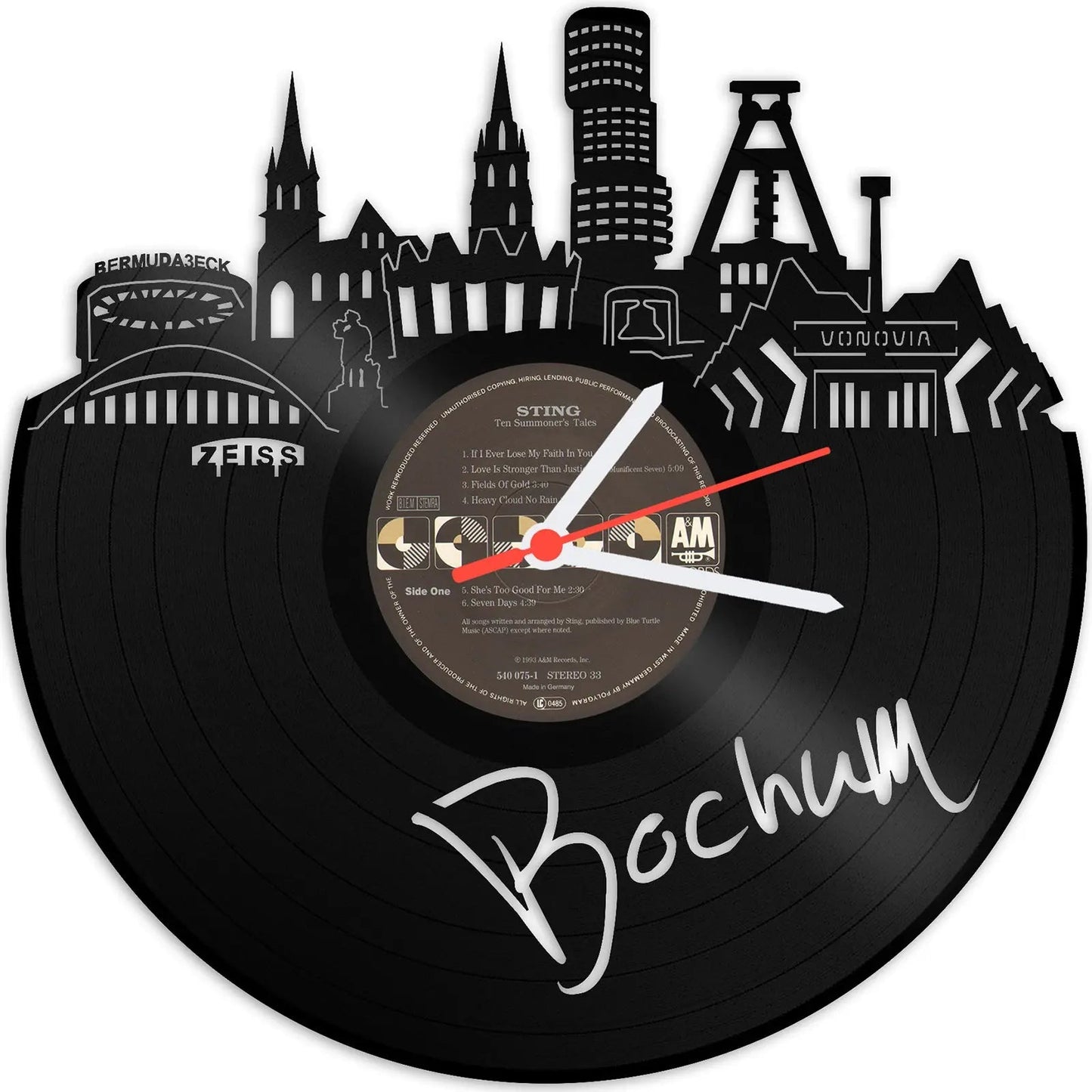 Wanduhr aus Vinyl Skyline mit Deiner Stadt