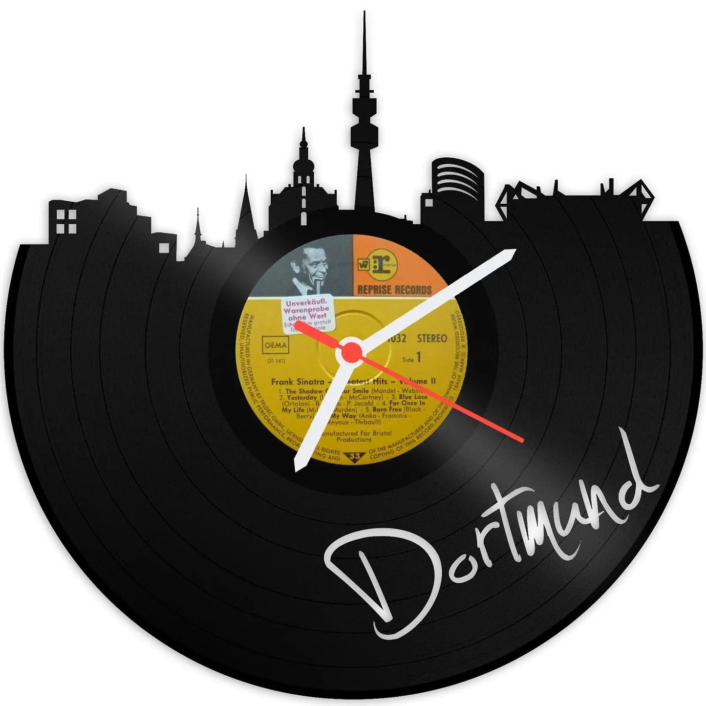 Wanduhr aus Vinyl Skyline mit Deiner Stadt