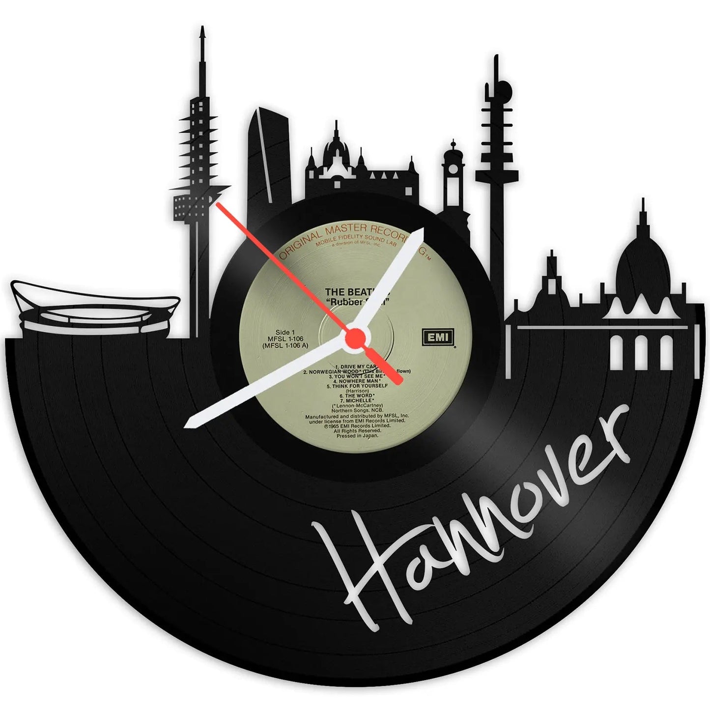 Wanduhr aus Vinyl Skyline mit Deiner Stadt