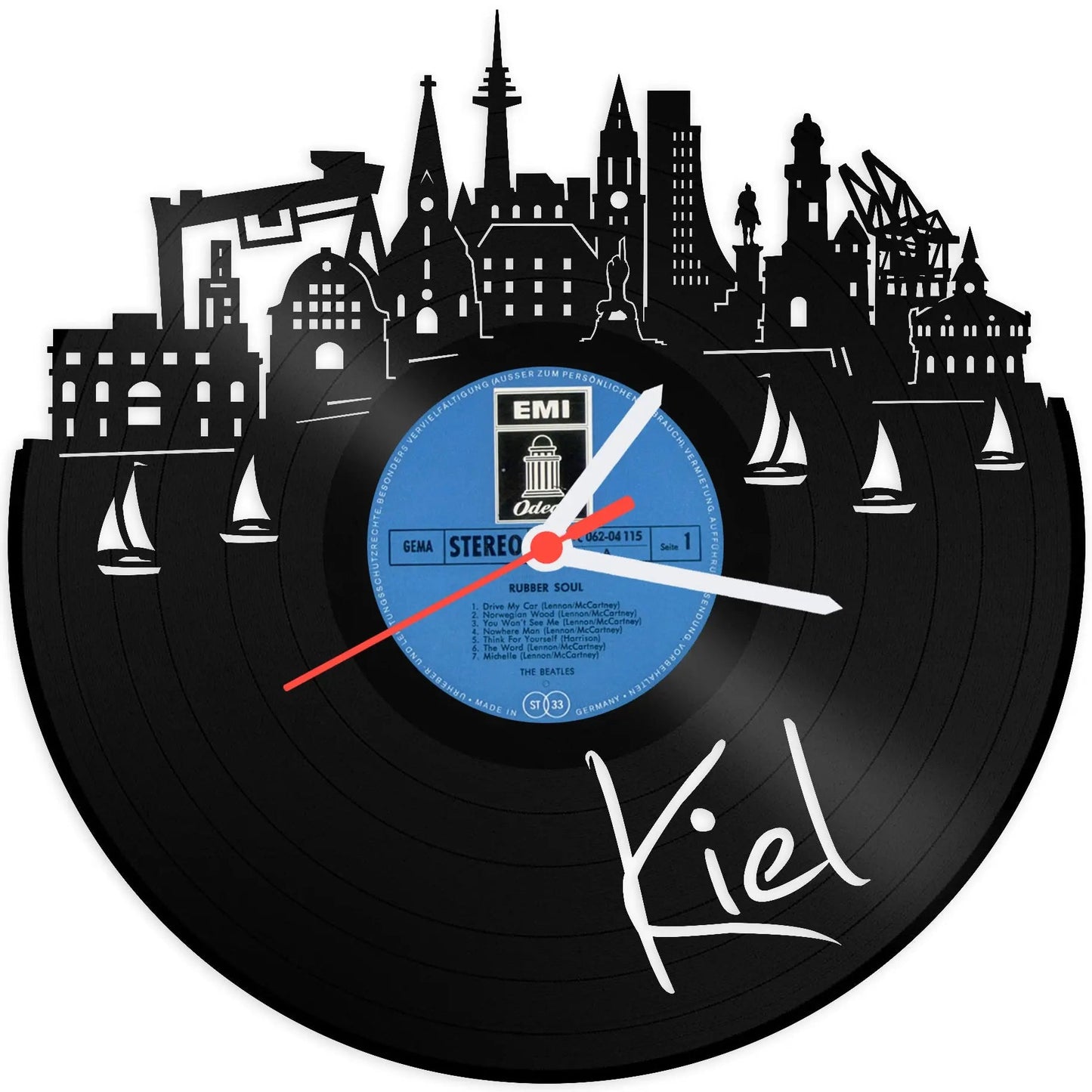 Wanduhr aus Vinyl Skyline mit Deiner Stadt