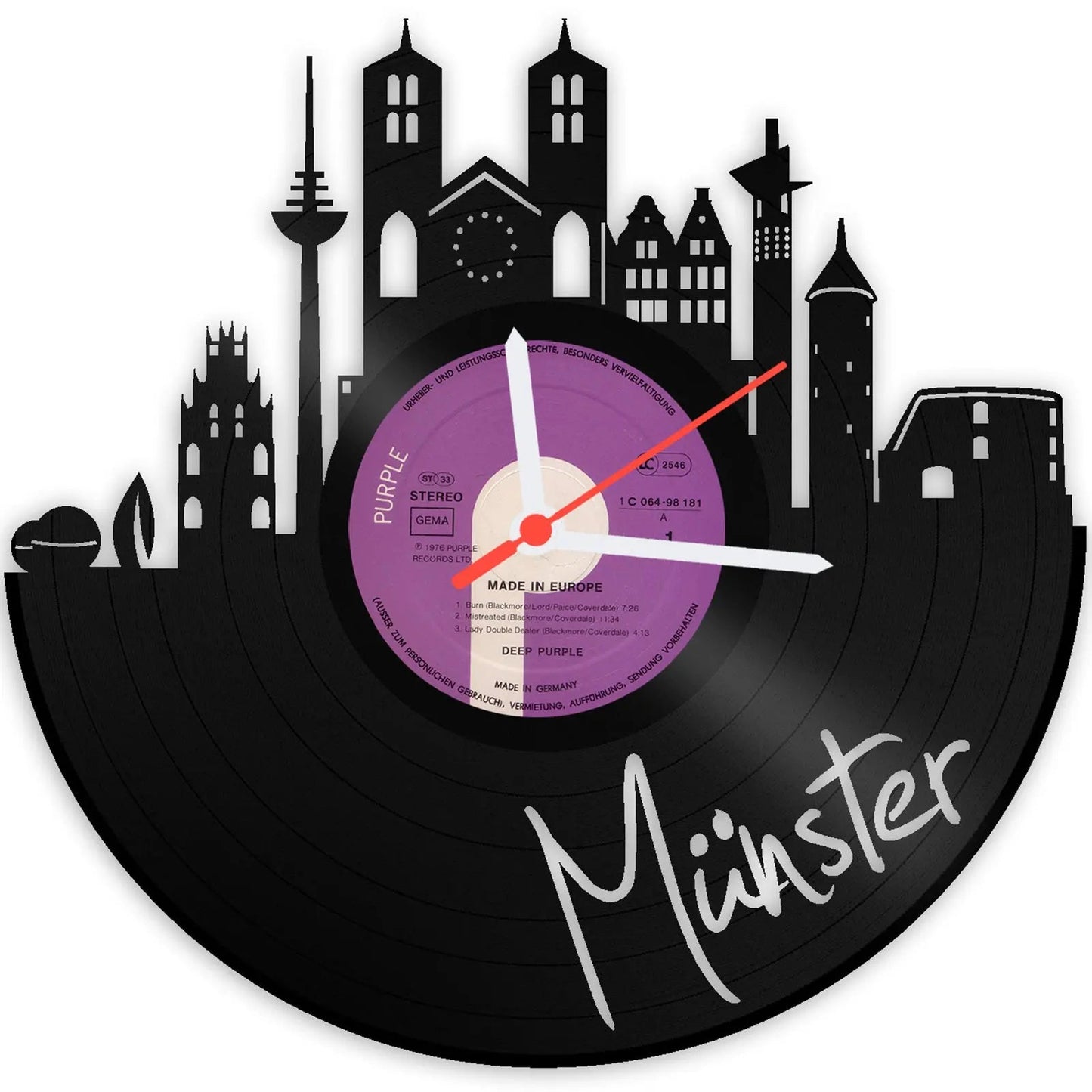 Wanduhr aus Vinyl Skyline mit Deiner Stadt