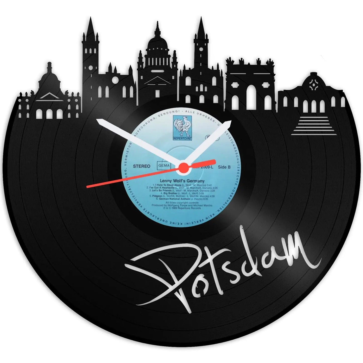 Wanduhr aus Vinyl Skyline mit Deiner Stadt