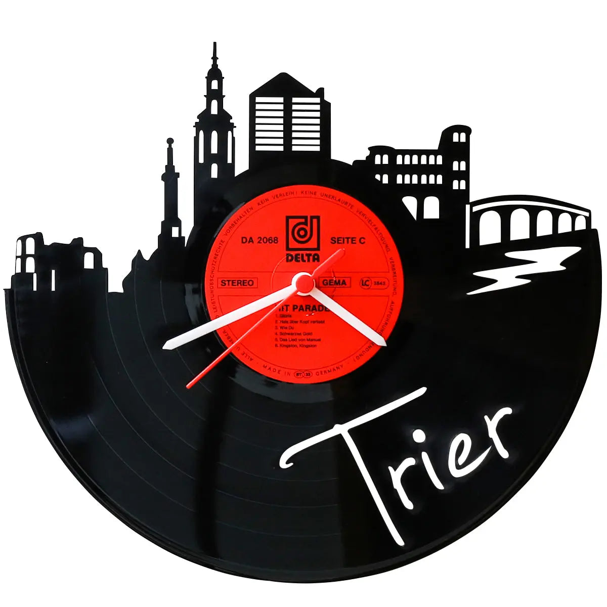 Wanduhr aus Vinyl Skyline mit Deiner Stadt