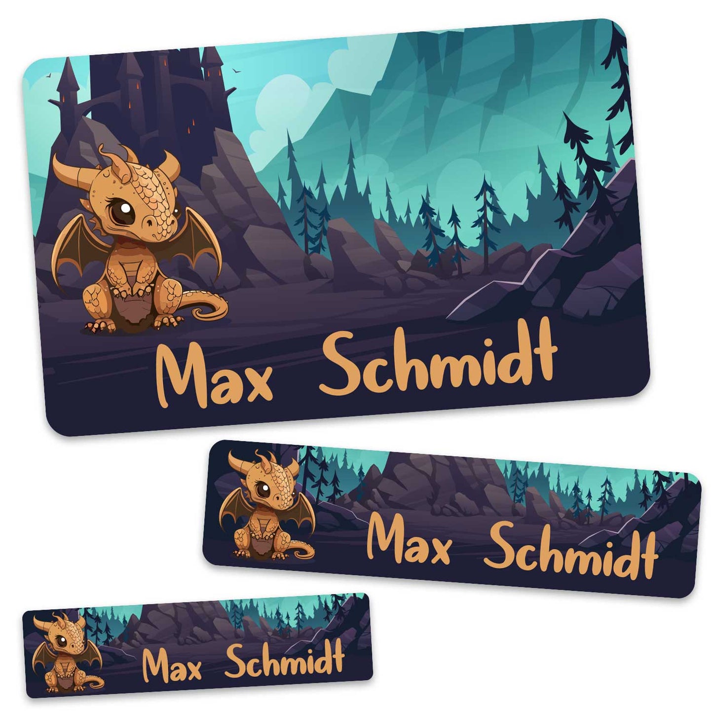 Schuletiketten mit Namen - Drachen Design - 100 Aufkleber in verschiedenen Größen