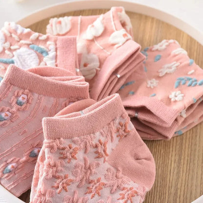 5 Pairs of Kawaii Cute Flower 3D Textured Ankle Socks - Vintage Style - Meloni2