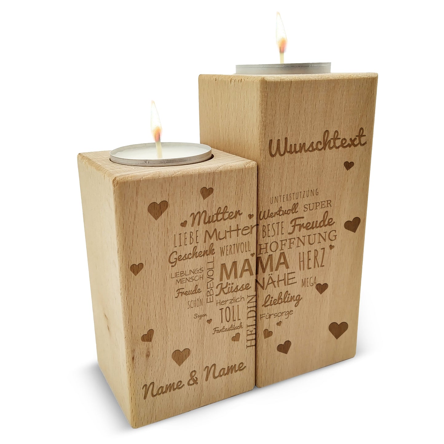 Gravierter Teelichthalter aus Holz im Set mit Namensherz Mama Design