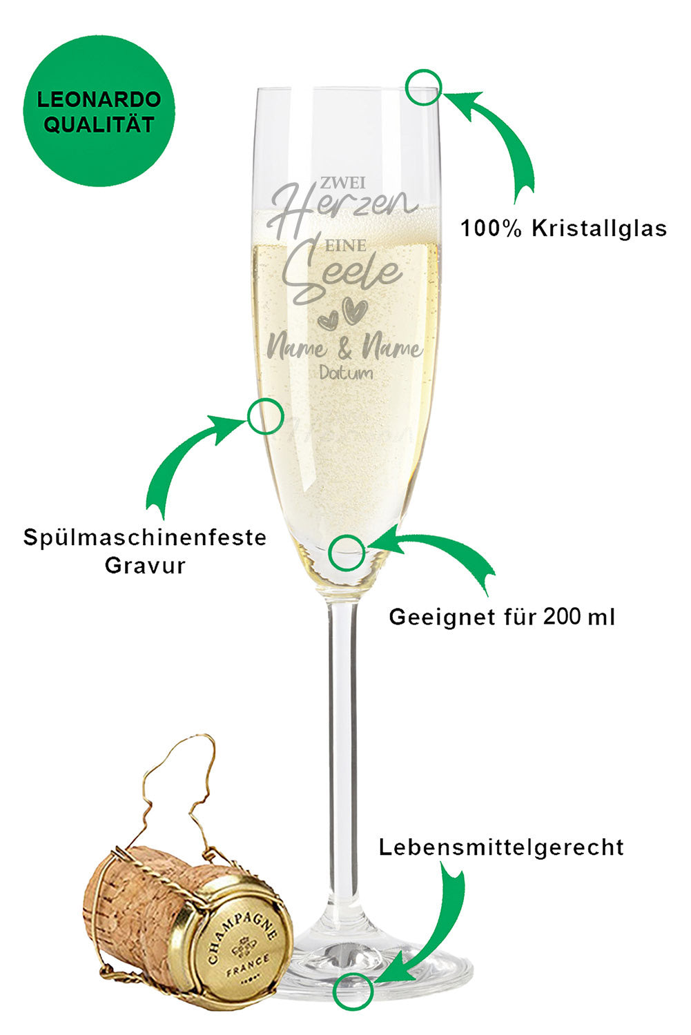 Leonardo Sektglas mit Gravur "Zwei Herzen, Eine Seele"