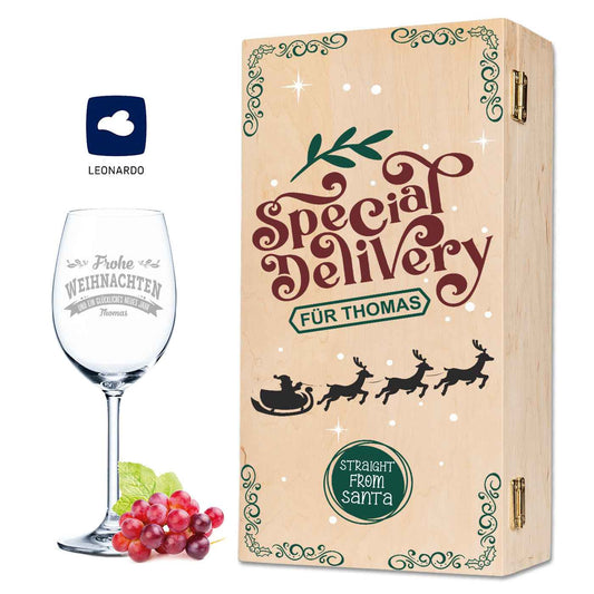 Leonardo Weinglas mit Gravur im "Special Delivery" Design inkl. Holzkiste