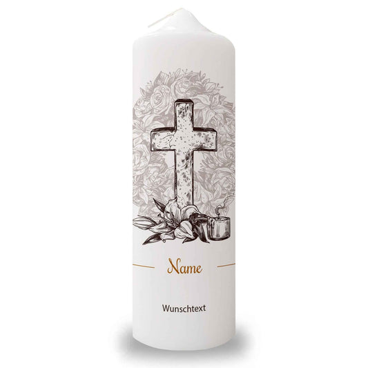 Große Kerze "Vintage Kreuz" - Trauerkerze mit Namen & Wunschtext