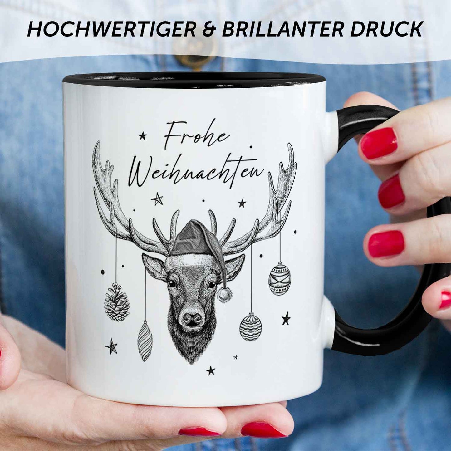Bedruckte Tasse mit Weihnachtsmotiv im Frohe Weihnachten Elch Design