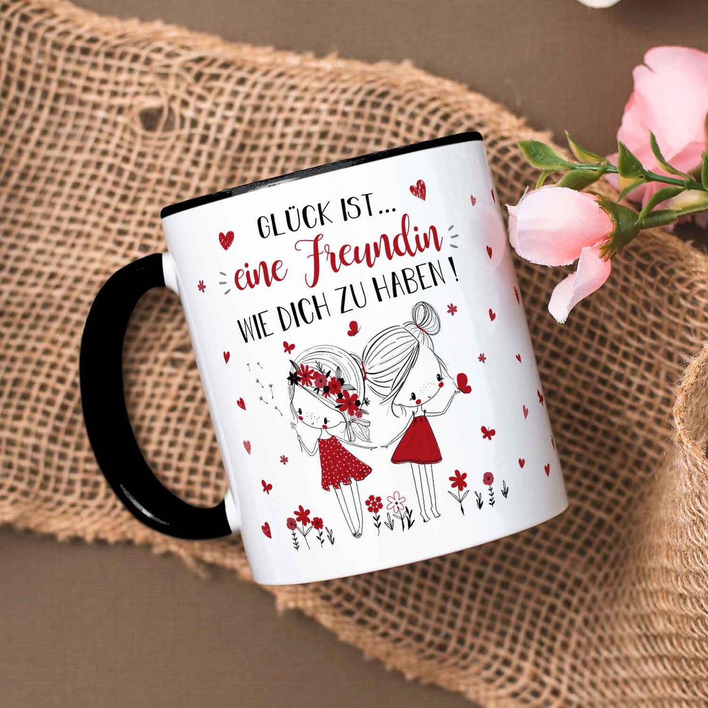 Bedruckte Tasse mit Spruch Glück ist eine Freundin