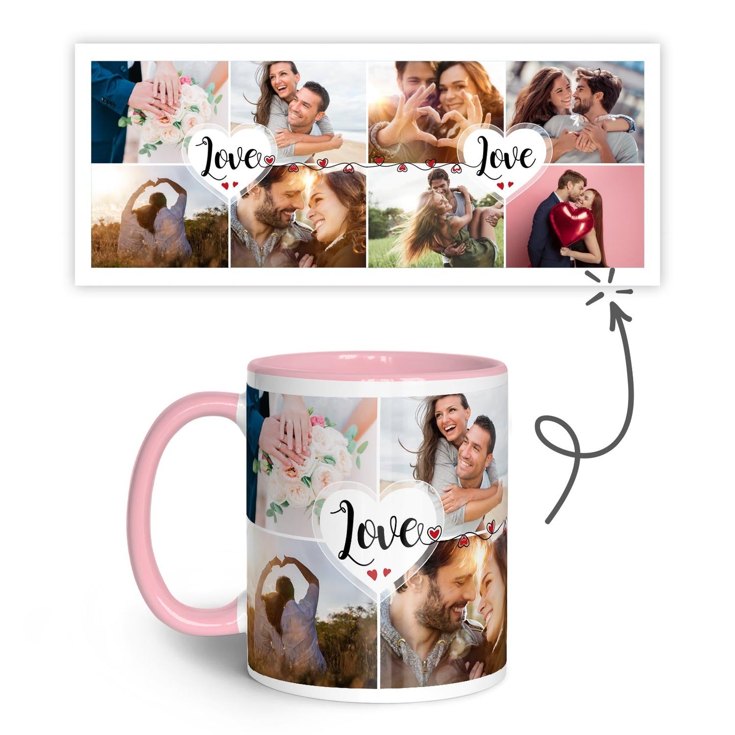 Bedruckte Tasse mit dem Spruch Love und acht eigenen Fotos