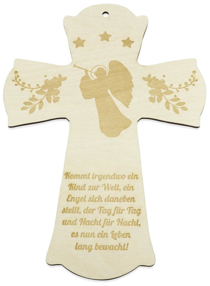 Taufkreuz aus Holz im Engel Motiv