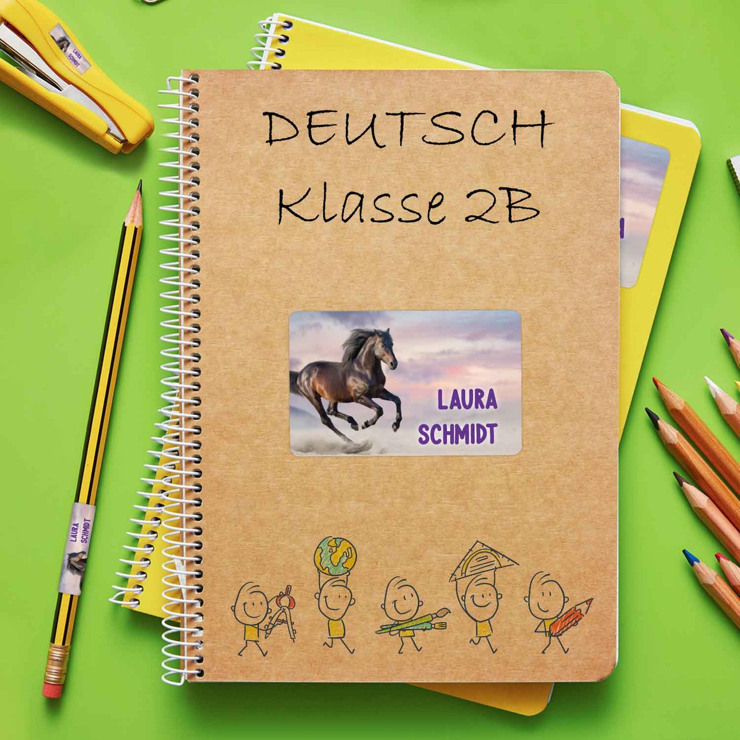 Schuletiketten mit Namen - Pferd Design - 100 Aufkleber in verschiedenen Größen