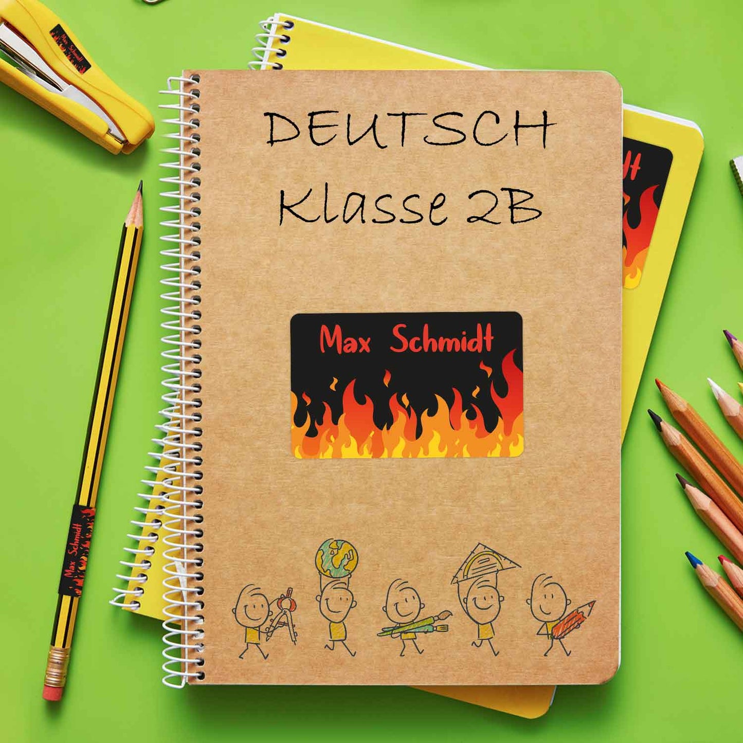 Schuletiketten mit Namen - Flammen Design - 100 Aufkleber in verschiedenen Größen