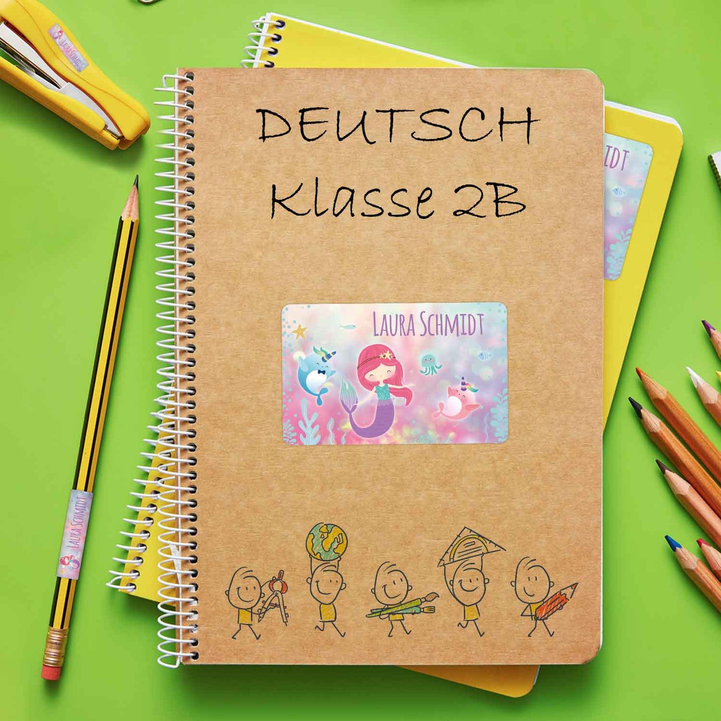 Schuletiketten mit Namen - Meerjungfrau Design - 100 Aufkleber in verschiedenen Größen