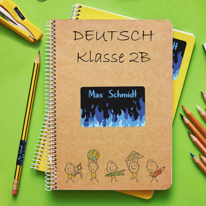 Schuletiketten mit Namen - Flammen Design - 100 Aufkleber in verschiedenen Größen