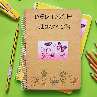 Schuletiketten mit Namen - Schmetterling Design - 100 Aufkleber in verschiedenen Größen