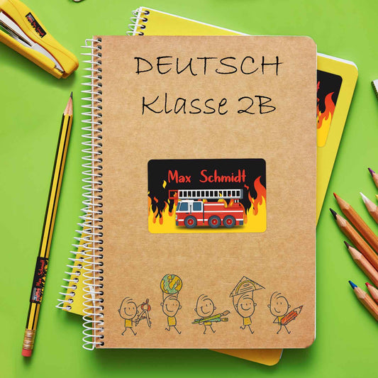 Schuletiketten mit Namen - Feuerwehr Design - 100 Aufkleber in verschiedenen Größen