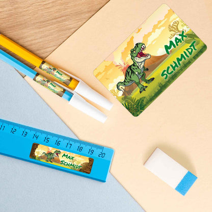 Schuletiketten mit Namen - Dinosaurier Design - 100 Aufkleber in verschiedenen Größen